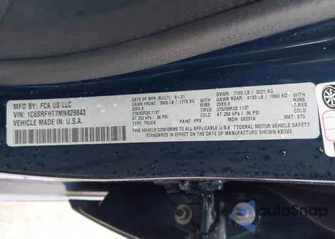 2021 Ram 1500 Limited 4X4 5'7 Box из США, поврежденный, VIN 1C6SRFHT7MN829843